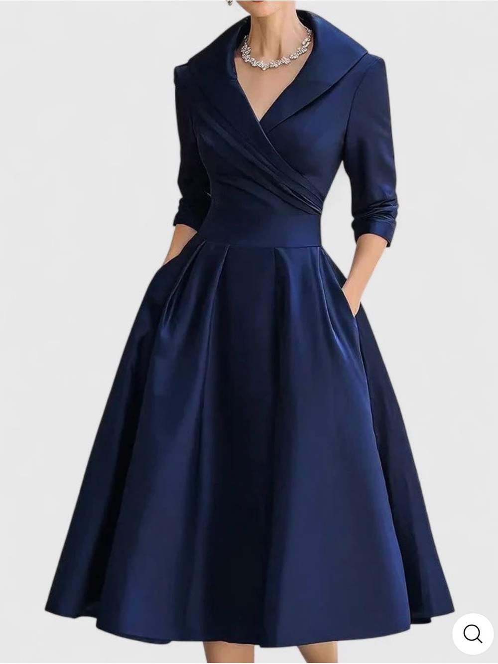 Elegant Navy Fit-and-Flare Midi Dress with Shawl Collar